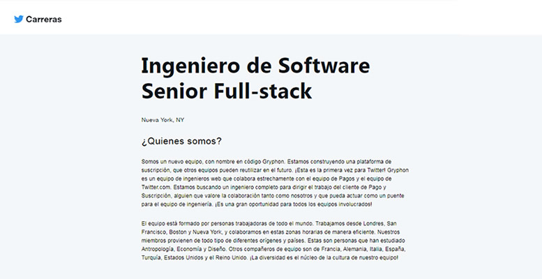 Aviso de trabajo donde Twitter busca ingeniero de software para trabajar con un equipo dedicado a construir una plataforma de suscripción.